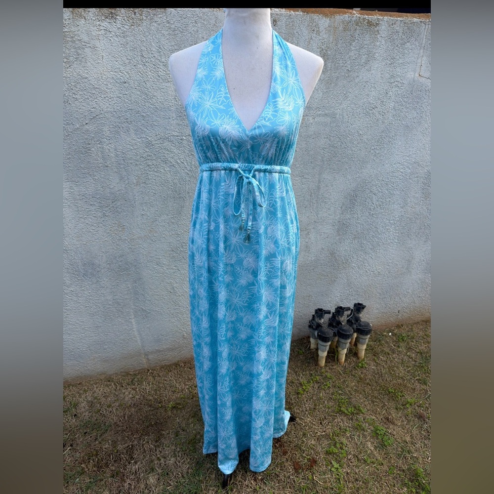 Reyn Spooner Brrr Hihipea Maxi Halter Hawaiian Dress Women's Medium Blue